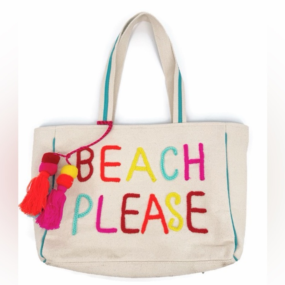KATYDID “Beach Please” Embroidered Canvas Tote Bag with Tassel Charm